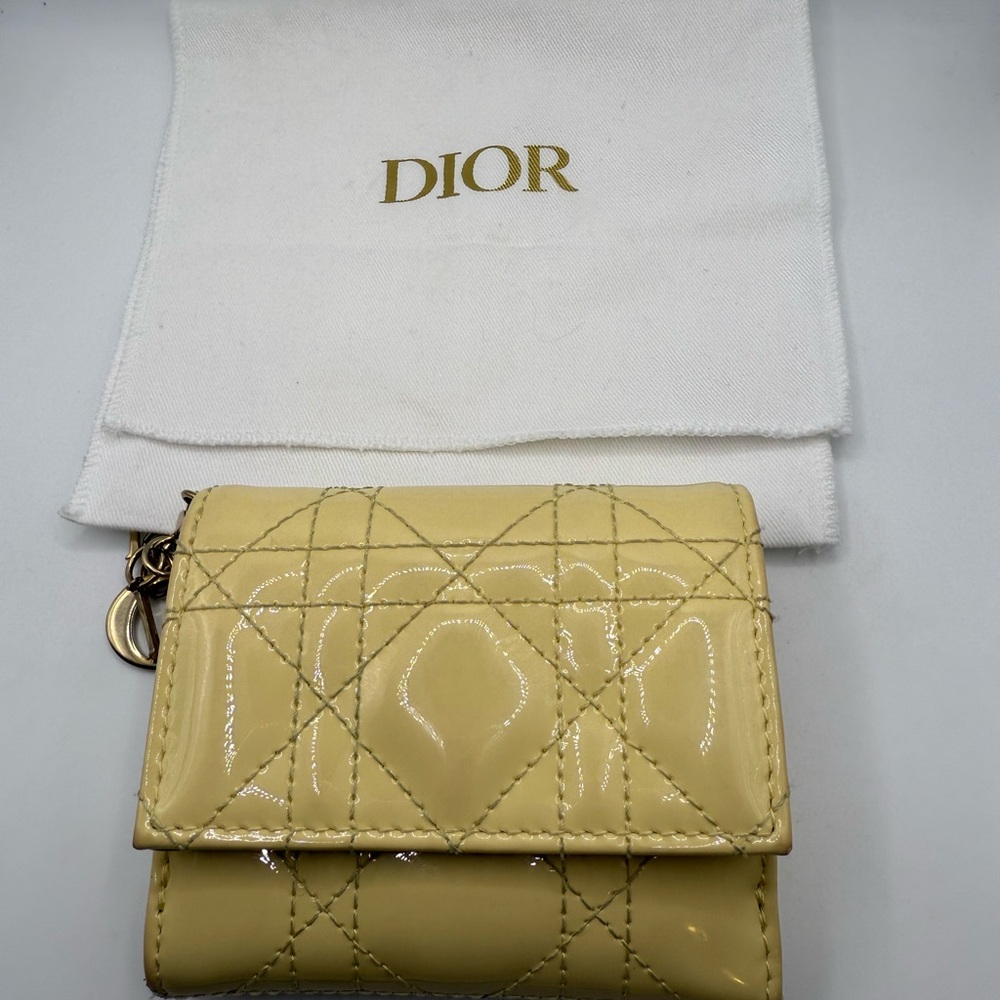 Dior Lady Dior Lotus Wallet Patent Calfskin Yellow Folding Wallet